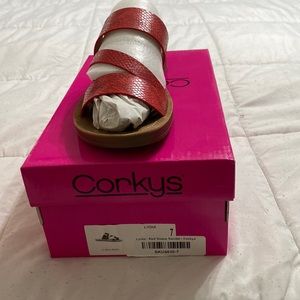 New in box Corkys Red Snake Sandal, Size 7